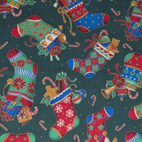 VIP Cranston Print Works - Dark Green Fabric / Green, Red, Blue Tossed Christmas Stocking, Candy Cane Print