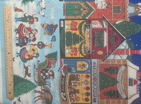 Sharon Kessler 1993 for Concord Fabrics - Large Double Border Christmas Village Stripe Fabric / Dark Blue Sky