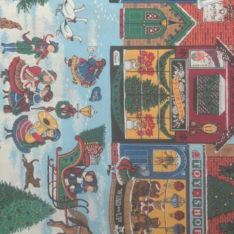 Sharon Kessler 1993 for Concord Fabrics - Large Double Border Christmas Village Stripe Fabric / Dark Blue Sky