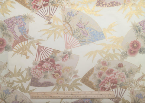 Trentex Fabrics U-037 2005 - Cream Fabric / Tossed Oriental Hand Fan / Gold Metallic Bamboo Leaf Print