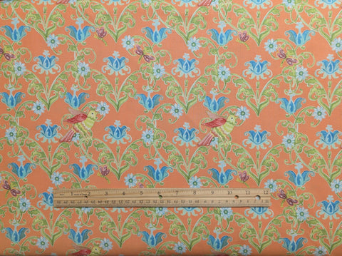 Studio E Paradise-Bird Garden E60-1341-CORL Audrey Jeanne Roberts - Coral Fabric / Green, Blue, Red Bird and Vine Print