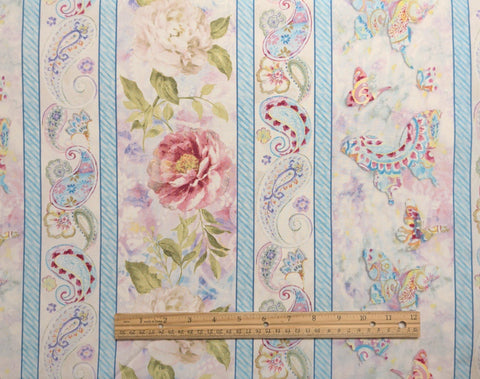 Wild Blush Danhuei Nai Wilmington Prints 89217-143 - White Fabric / Blue, Red, Lavender, Green Wild Rose, Butterfly, Paisley Border Stripe