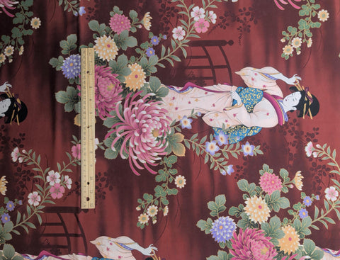 Kona Bay Fabrics 2007 NOBU-01 - Dark Red Fabric / Bridge, Vine Silhouette Print / Geisha (~14" Tall), Flower Print