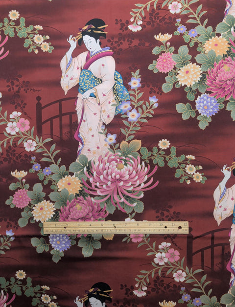 Kona Bay Fabrics 2007 NOBU-01 - Dark Red Fabric / Bridge, Vine Silhouette Print / Geisha (~14" Tall), Flower Print
