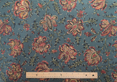Santos 3467 Kathy Hell for Museo Mundo Museum of New Mexico Andover Fabrics - Dark Green Fabric / Brick Red, Tan, Gold Paisley Flower Print