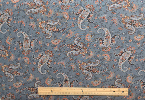 Adelaide 2768 Faye Burgos Marcus Fabrics - Slate Blue Fabric / Coral, Gold, Blue Paisley Floral Print