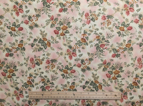Beth Bruske David Textiles - Cream and Pink Tonal Fabric / Gold, Red, Green Tossed Flower Print