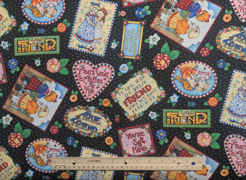 Mary Engelbreit Quilting Treasures Cranston Print Works ME Ink 2003 - Black Fabric / White Micro Dot / Tossed Badges and Flower Print
