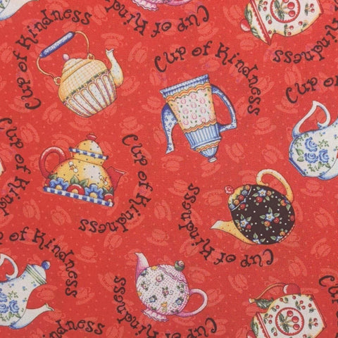 Mary Engelbreit Quilting Treasures Cranston Print Works ME Ink 2001 - Red Fabric / Tone-on-Tone Tossed Teacup/Tossed Cup of Kindness, Teapot