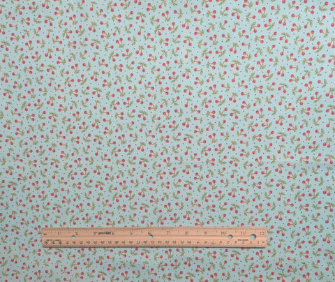 Mary Engelbreit Quilting Treasures Cranston Print Works ME Ink 2002 - Aqua Fabric / Black Mini Dot / Tossed Cherry Print