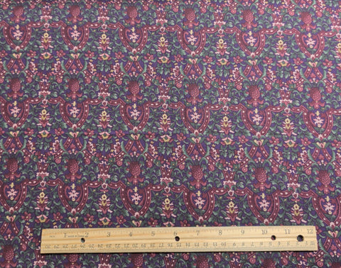 Wood Blocks Hoffman California Fabrics - Purple Fabric / Burgundy, Green, Pink Reproduction-Style Flower Print