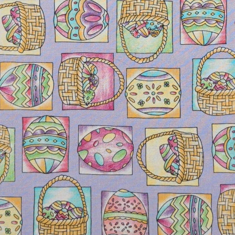Robert Kaufman Co Inc EK1775 - Lavender Fabric / Pastel Pink, Blue, Yellow Easter Egg and Basket Block Print