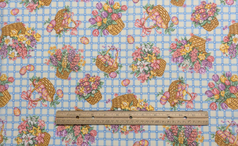 VIP Cranston Print Works - White Fabric / Blue "Sashing" and Heart Cornerstones / Tossed Easter Baskets