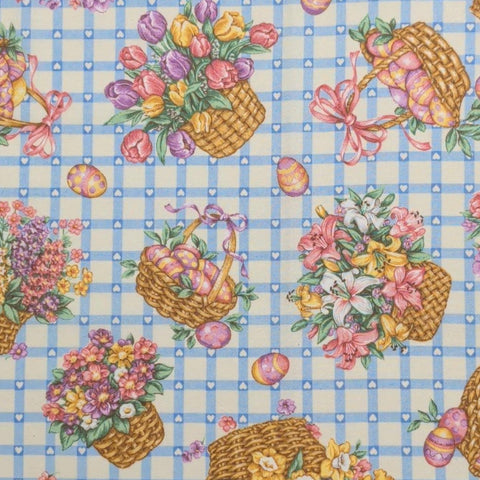 VIP Cranston Print Works - White Fabric / Blue "Sashing" and Heart Cornerstones / Tossed Easter Baskets