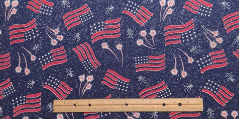 Navy Fabric / Tossed Flag and Firework Print / Silver Glitter