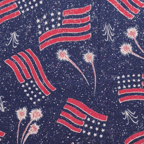 Navy Fabric / Tossed Flag and Firework Print / Silver Glitter
