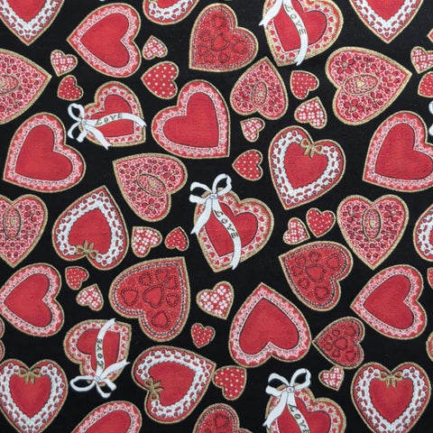 Fit to Print Inc - Heart CM1185 - Black Fabric / Tossed Red, White, Pink Heart Print