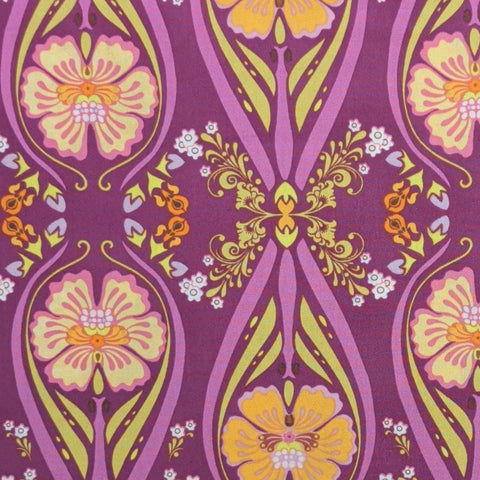 Dreaming in French Collection by Art Gallery Fabrics DIF-808 - Dark Raspberry Fabric / Raspberry, Acid Green, Orange, Yellow Stylized Flower
