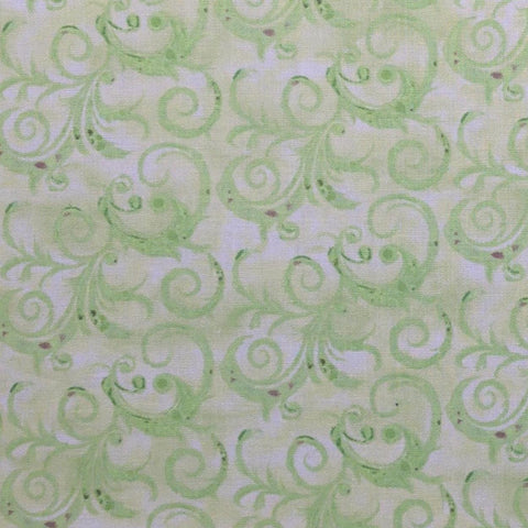 Destinations Scroll Green E60-1323-GRN by Connie Haley for Studio E Fabrics - White and Pale Green Tonal Fabric / Green Scroll Print