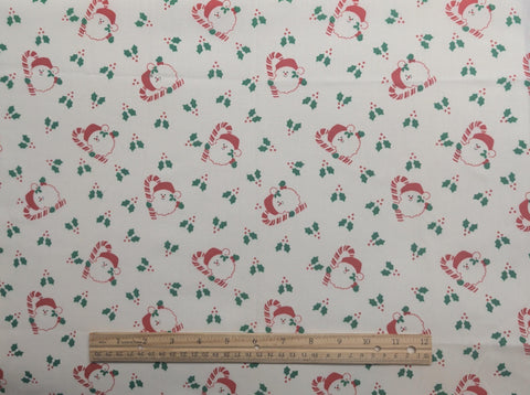 Springs Mills - Whte Fabric / Tossed Santa, Holly, Candy Cane Print