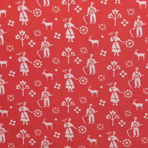 Red Fabric / White Reproduction Style Farmer, Goat and Flower Print - Selvage to Selvage Print