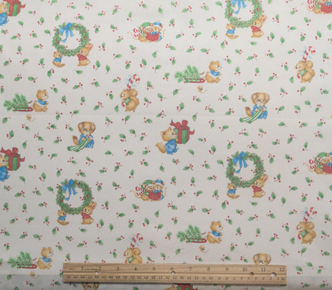 Vintage Lightweight White Fabric / Tossed Christmas Animal and Holly Print - Selvage to Selvage Print