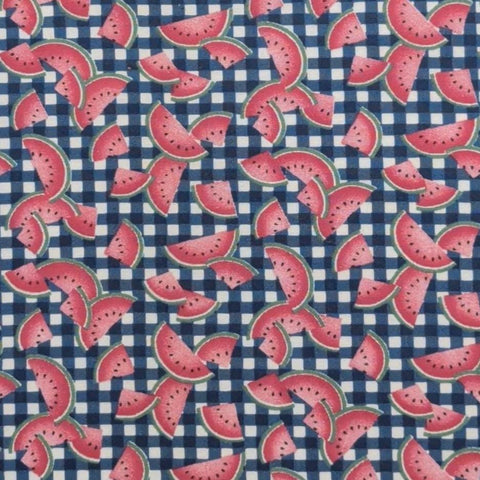 Fabric Traditions 1991 - Blue and White Gingham Print Fabric / Tossed Watermelon Slices