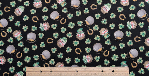 Lucky - Mi - Black Fabric / Tossed Leprechaun Face, Pot of Gold, Shamrock Print