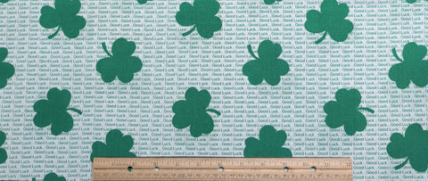 White Fabric / Green "Good Luck" and Shamrock Print - Selvage to Selvage Print