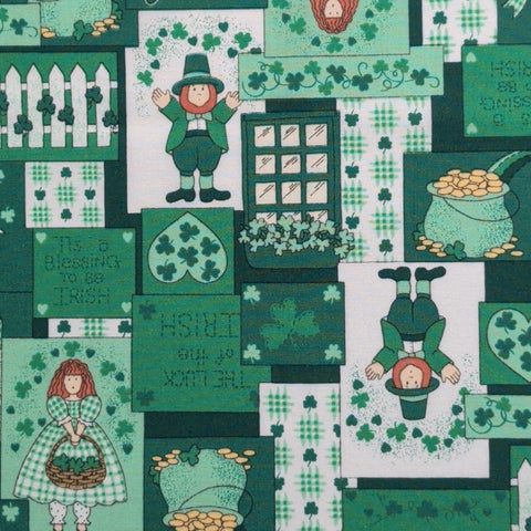 Green and White Leprechaun Luck of the Irish Block Print Fabric