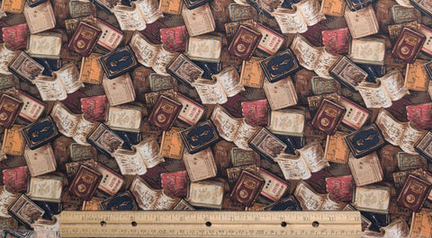 Jane McClutshy 1995 - Brown, Red, Blue, Cream Packed Book Print Fabric