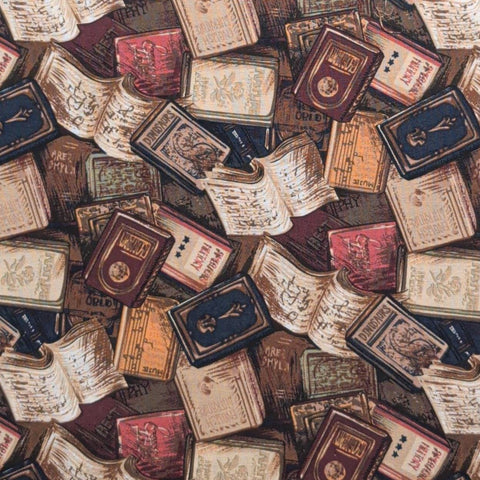 Jane McClutshy 1995 - Brown, Red, Blue, Cream Packed Book Print Fabric