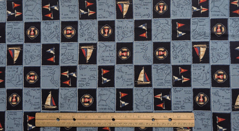 Blue and Navy Map and Nautical Block Print Fabric - Selvage to Selvage Print