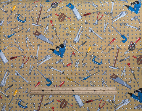 Hi-Fashion Fabrics - Tan and White Pegboard Fabric / Red, Blue, Gray Tossed Hand Tool Print