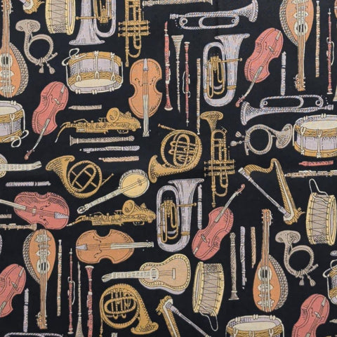 Antique Etchings - Hoffman International Fabrics - Black Fabric / Brown, Tan, Taupe Packed Musical Instruments Print