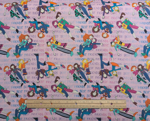 Timeless Treasures Hi-Fashion Fabrics Hip Hop C-1954 1999 - Pink Fabric / "Best Friends" Script / Tossed Cartoon-Style Girl Print