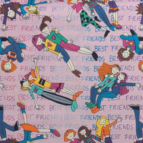 Timeless Treasures Hi-Fashion Fabrics Hip Hop C-1954 1999 - Pink Fabric / "Best Friends" Script / Tossed Cartoon-Style Girl Print