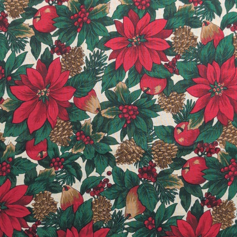 Woodland Winter by Hoffman International Fabrics - Soft White Fabric / Poinsettia, Pinecone, Pear Print