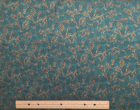 Green Fabric / Black, Gold Metallic Leaf Print - Selvage to Selvage Print