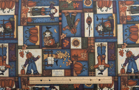 Leslie Beck for VIP Cranston Print Works - Orange, Blue, White, Purple Scarecrow, Pumpkin Block Print Fabric
