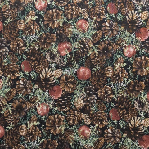 RJR Fashion Fabrics - Dark Brown, Red, Green Packed Pine, Pinecone, Apple Print Fabric
