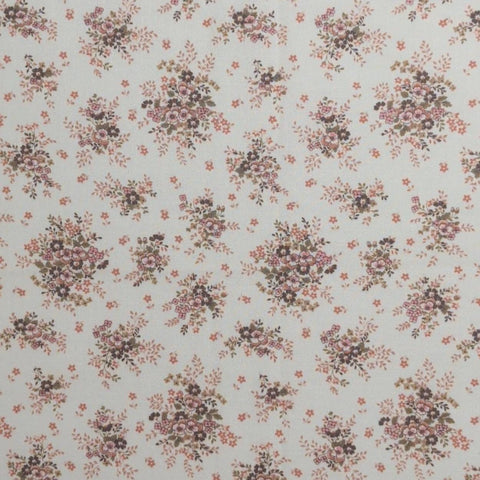 White Fabric / Pink, Brown, Green Tossed Flower Bouquet Print - Selvage to Selvage Print