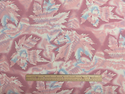 Pink Tonal Fabric / White, Blue Packed Leaf Print - Selvage to Selvage Print