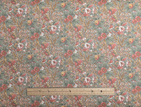 Camelot Hoffman California Fabrics - Green, Tan, Brick Red Packed Floral, Leaf Print Fabric