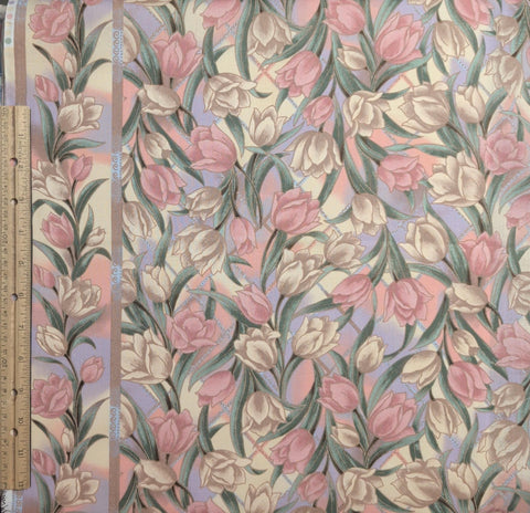 Victorian Wheeling Jennifer Sampou P&B Textiles - Tan, Lavender, Pink, Green Single Border Stripe Tulip Print Fabric