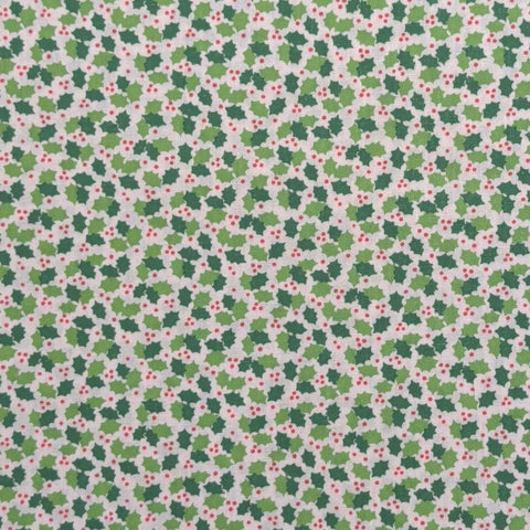White Fabric / Green, Red Tossed Holly Print - Selvage to Selvage Print