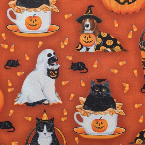 Very Scary 11308 Mary Lake-Thompson Robert Kaufman - Burnt Orange Tonal Fabric / Black Cat, Jack-o-Lantern, Candy Corn Print