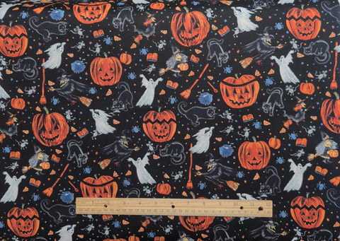 Harvest Moon 2024 Northcott Studio - Black Fabric / Gray, Orange, White Tossed Cat, Ghost, Jack-O-Lantern Print