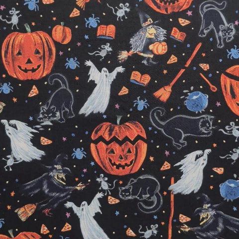 Harvest Moon 2024 Northcott Studio - Black Fabric / Gray, Orange, White Tossed Cat, Ghost, Jack-O-Lantern Print