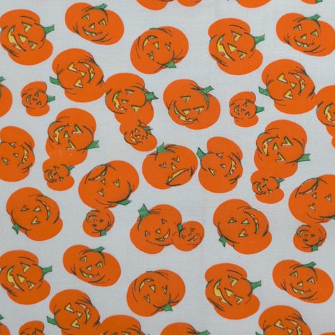 Vintage White Fabric / Tossed Jack-O-Lantern Print - Selvage to Selvage Print